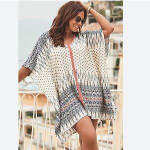 Swimsuits for All Kelsea Bohemian Blue and White Coverup Coral Detail 18/20